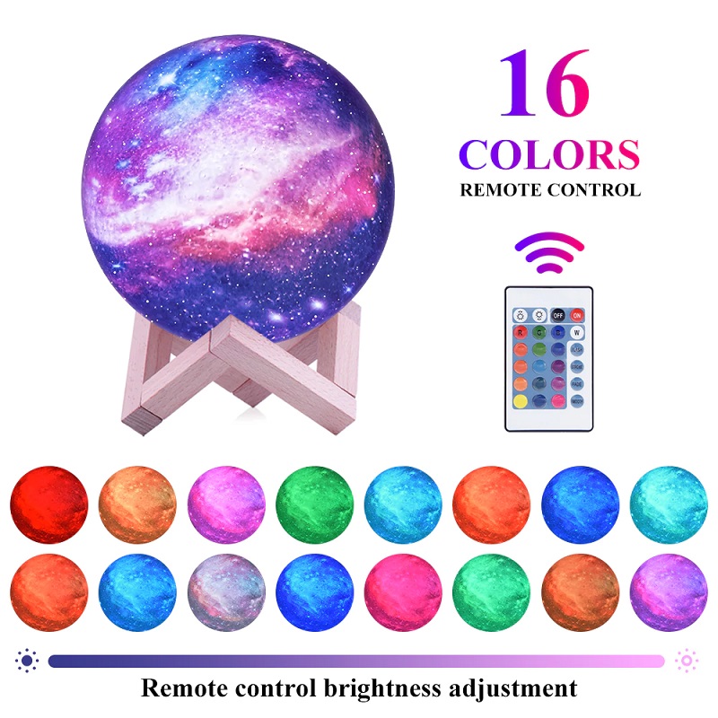 3D Moon Night Light Lamp with Stand - Star Galaxy Lunar Night Light with Remote Control 16 Colors for Kids